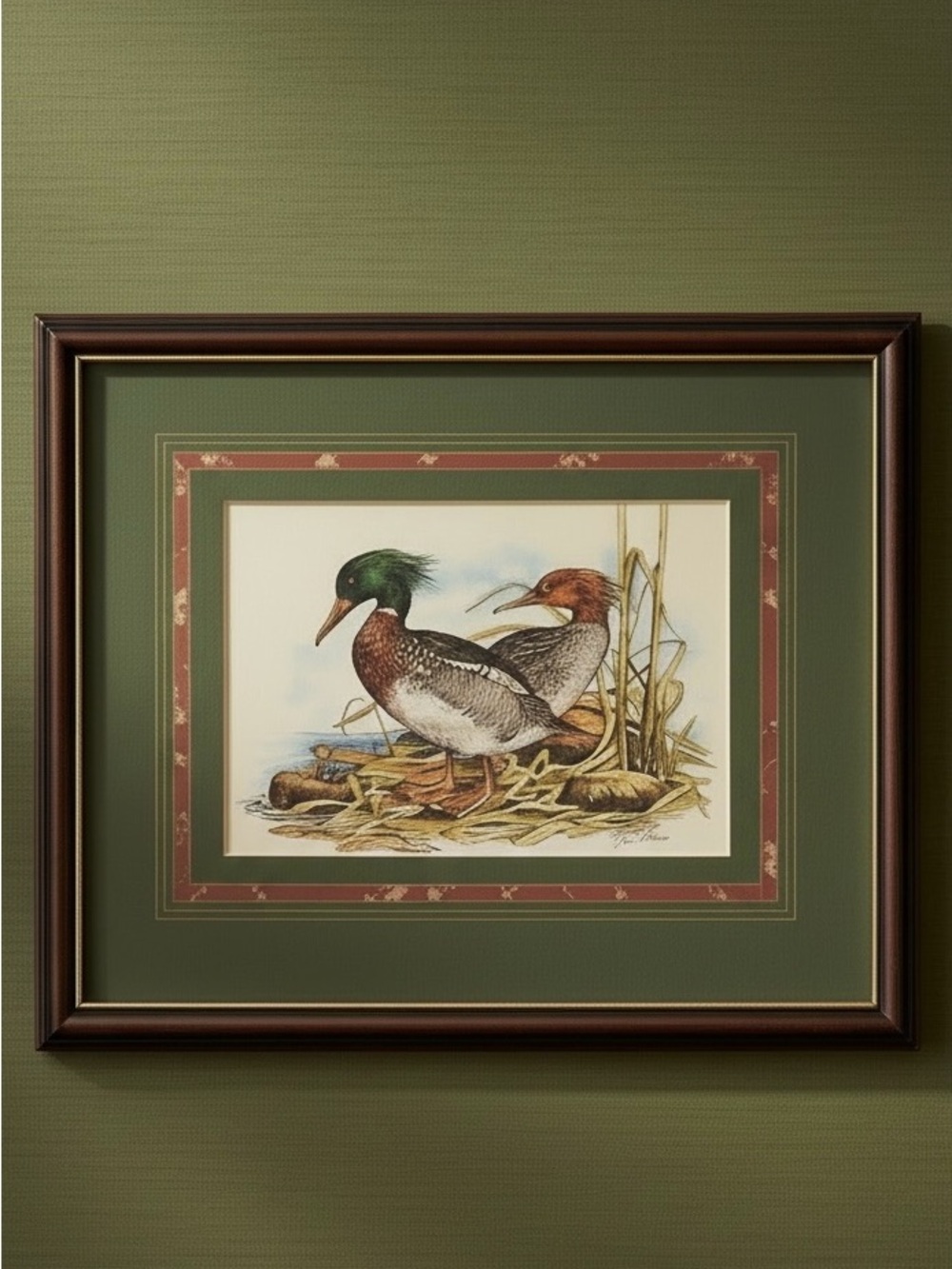 Vintage Duck Print Framed Red Breasted Mergansers Ralph Lauren Design Artist Sgn